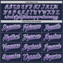 Load image into Gallery viewer, Custom Navy Purple-White Bomber Full-Snap Varsity Letterman Jacket
