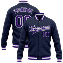 Load image into Gallery viewer, Custom Navy Purple-White Bomber Full-Snap Varsity Letterman Jacket
