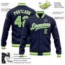 Load image into Gallery viewer, Custom Navy Neon Green-White Bomber Full-Snap Varsity Letterman Jacket

