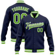 Load image into Gallery viewer, Custom Navy Neon Green-White Bomber Full-Snap Varsity Letterman Jacket
