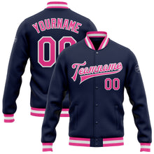 Load image into Gallery viewer, Custom Navy Pink-White Bomber Full-Snap Varsity Letterman Jacket
