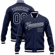 Load image into Gallery viewer, Custom Navy Navy-White Bomber Full-Snap Varsity Letterman Jacket
