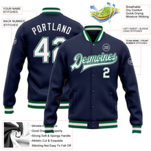Load image into Gallery viewer, Custom Navy White Kelly Green-Gray Bomber Full-Snap Varsity Letterman Jacket
