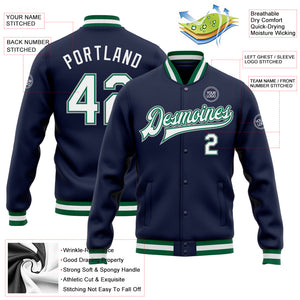 Custom Navy White Kelly Green-Gray Bomber Full-Snap Varsity Letterman Jacket