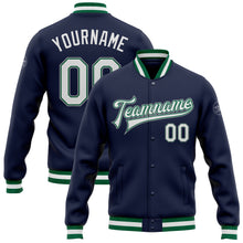 Load image into Gallery viewer, Custom Navy White Kelly Green-Gray Bomber Full-Snap Varsity Letterman Jacket
