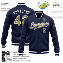 Load image into Gallery viewer, Custom Navy Camo-White Bomber Full-Snap Varsity Letterman Jacket
