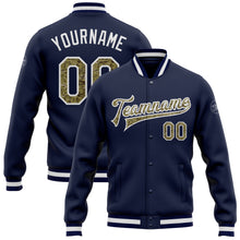 Load image into Gallery viewer, Custom Navy Camo-White Bomber Full-Snap Varsity Letterman Jacket
