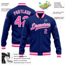 Laden Sie das Bild in den Galerie-Viewer, Custom Royal Pink-White Bomber Full-Snap Varsity Letterman Jacket
