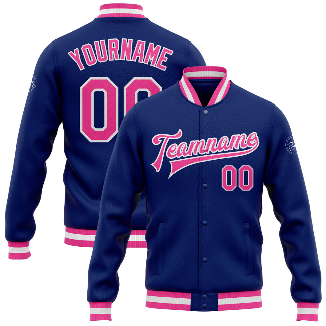 Custom Royal Pink-White Bomber Full-Snap Varsity Letterman Jacket