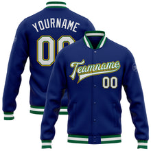 Load image into Gallery viewer, Custom Royal White Kelly Green-Gold Bomber Full-Snap Varsity Letterman Jacket
