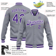 Load image into Gallery viewer, Custom Gray Purple-White Bomber Full-Snap Varsity Letterman Jacket
