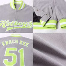 Charger l&#39;image dans la galerie, Custom Gray Neon Green-White Bomber Full-Snap Varsity Letterman Jacket
