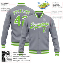 Charger l&#39;image dans la galerie, Custom Gray Neon Green-White Bomber Full-Snap Varsity Letterman Jacket
