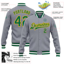 Load image into Gallery viewer, Custom Gray Kelly Green-Gold Bomber Full-Snap Varsity Letterman Jacket
