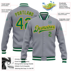 Custom Gray Kelly Green-Gold Bomber Full-Snap Varsity Letterman Jacket