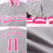 Laden Sie das Bild in den Galerie-Viewer, Custom Gray Pink-White Bomber Full-Snap Varsity Letterman Jacket
