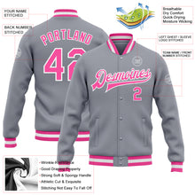 Laden Sie das Bild in den Galerie-Viewer, Custom Gray Pink-White Bomber Full-Snap Varsity Letterman Jacket
