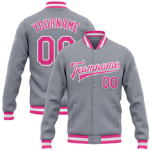 Load image into Gallery viewer, Custom Gray Pink-White Bomber Full-Snap Varsity Letterman Jacket
