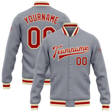 Charger l&#39;image dans la galerie, Custom Gray Red-Cream Bomber Full-Snap Varsity Letterman Jacket
