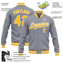 Load image into Gallery viewer, Custom Gray Gold-White Bomber Full-Snap Varsity Letterman Jacket
