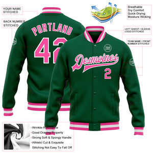 Custom Kelly Green Pink-White Bomber Full-Snap Varsity Letterman Jacket