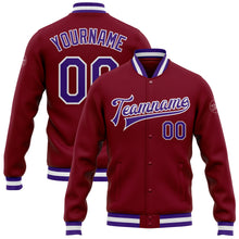 Load image into Gallery viewer, Custom Crimson Purple-White Bomber Full-Snap Varsity Letterman Jacket
