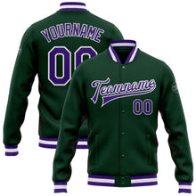 Laden Sie das Bild in den Galerie-Viewer, Custom Green Purple-White Bomber Full-Snap Varsity Letterman Jacket
