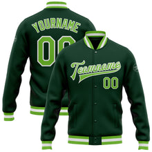 Load image into Gallery viewer, Custom Green Neon Green-White Bomber Full-Snap Varsity Letterman Jacket
