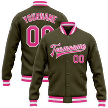 Load image into Gallery viewer, Custom Olive Pink-White Bomber Full-Snap Varsity Letterman Salute To Service Jacket
