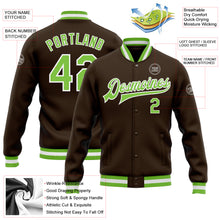 Load image into Gallery viewer, Custom Brown Neon Green-White Bomber Full-Snap Varsity Letterman Jacket
