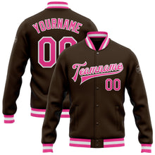 Load image into Gallery viewer, Custom Brown Pink-White Bomber Full-Snap Varsity Letterman Jacket
