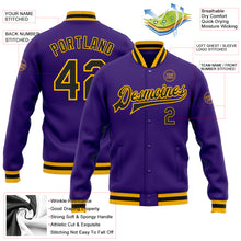 Load image into Gallery viewer, Custom Purple Black-Gold Bomber Full-Snap Varsity Letterman Jacket
