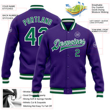 Load image into Gallery viewer, Custom Purple Kelly Green-White Bomber Full-Snap Varsity Letterman Jacket
