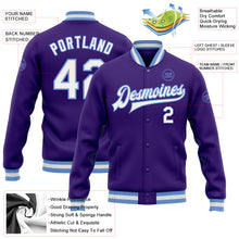 Load image into Gallery viewer, Custom Purple White-Light Blue Bomber Full-Snap Varsity Letterman Jacket
