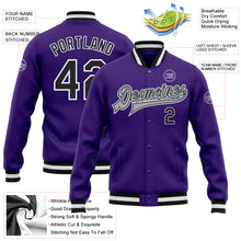 Загрузить изображение в средство просмотра галереи, Custom Purple Black-Gray Bomber Full-Snap Varsity Letterman Jacket
