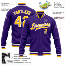 Load image into Gallery viewer, Custom Purple Gold-White Bomber Full-Snap Varsity Letterman Jacket
