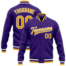 Load image into Gallery viewer, Custom Purple Gold-White Bomber Full-Snap Varsity Letterman Jacket
