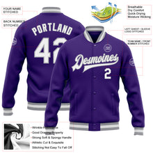 Laden Sie das Bild in den Galerie-Viewer, Custom Purple White-Gray Bomber Full-Snap Varsity Letterman Jacket
