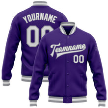 Charger l&#39;image dans la galerie, Custom Purple White-Gray Bomber Full-Snap Varsity Letterman Jacket
