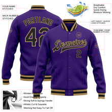 Load image into Gallery viewer, Custom Purple Black-Old Gold Bomber Full-Snap Varsity Letterman Jacket
