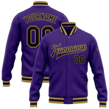 Load image into Gallery viewer, Custom Purple Black-Old Gold Bomber Full-Snap Varsity Letterman Jacket

