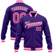 Laden Sie das Bild in den Galerie-Viewer, Custom Purple Pink-White Bomber Full-Snap Varsity Letterman Jacket
