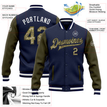 Load image into Gallery viewer, Custom Navy Camo-Olive Bomber Full-Snap Varsity Letterman Two Tone Jacket

