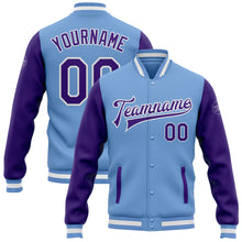 Laden Sie das Bild in den Galerie-Viewer, Custom Light Blue Purple-White Bomber Full-Snap Varsity Letterman Two Tone Jacket
