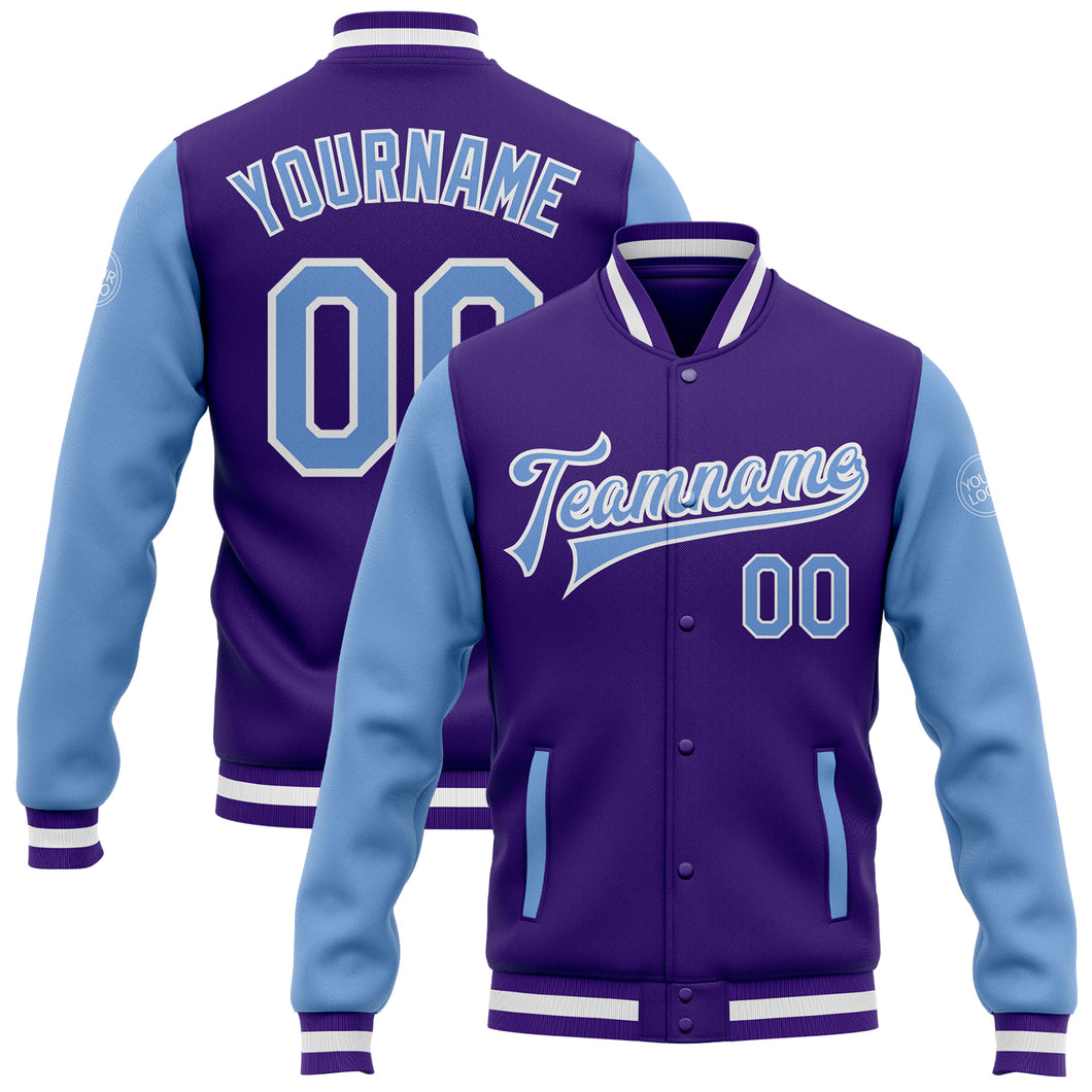 Cheap Custom Purple Light Blue-White Bomber Full-Snap Varsity Letterman Two  Tone Jacket Free Shipping – CustomJerseysPro