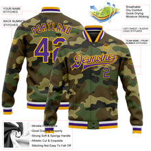 Load image into Gallery viewer, Custom Camo Purple-Gold Bomber Full-Snap Varsity Letterman Salute To Service Jacket
