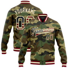 Laden Sie das Bild in den Galerie-Viewer, Custom Camo Vintage USA Flag Cream-Maroon Bomber Full-Snap Varsity Letterman Salute To Service Jacket
