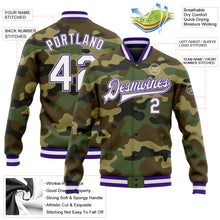 Load image into Gallery viewer, Custom Camo White Purple-Gray Bomber Full-Snap Varsity Letterman Salute To Service Jacket
