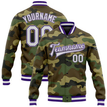 Load image into Gallery viewer, Custom Camo White Purple-Gray Bomber Full-Snap Varsity Letterman Salute To Service Jacket
