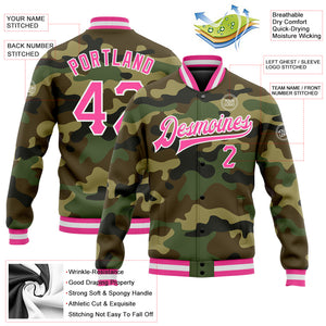 Custom Camo Pink-White Bomber Full-Snap Varsity Letterman Salute To Service Jacket